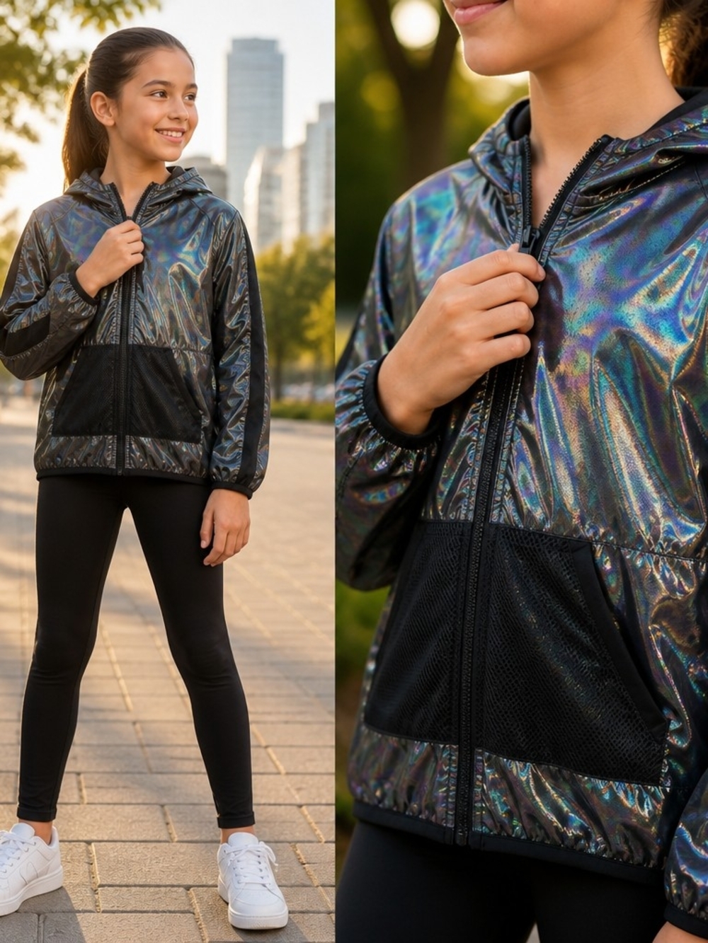 Ideology Girls' Holographic Black Hooded Windbreaker